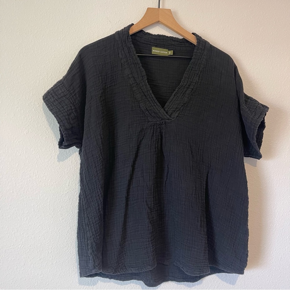 Honest Cotton Shirt Womens OS/M/L Black Gauzy Cotton Vneck Short Sleeve Casual - Picture 3 of 8